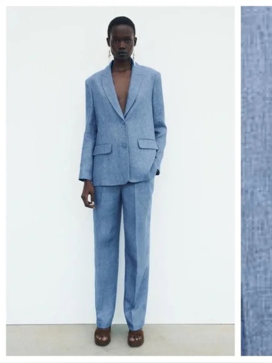 Zara Pants - NWOT Zara Linen Shimmer Light Blue Blazer/Trousers Matching Set Coord Lounge L